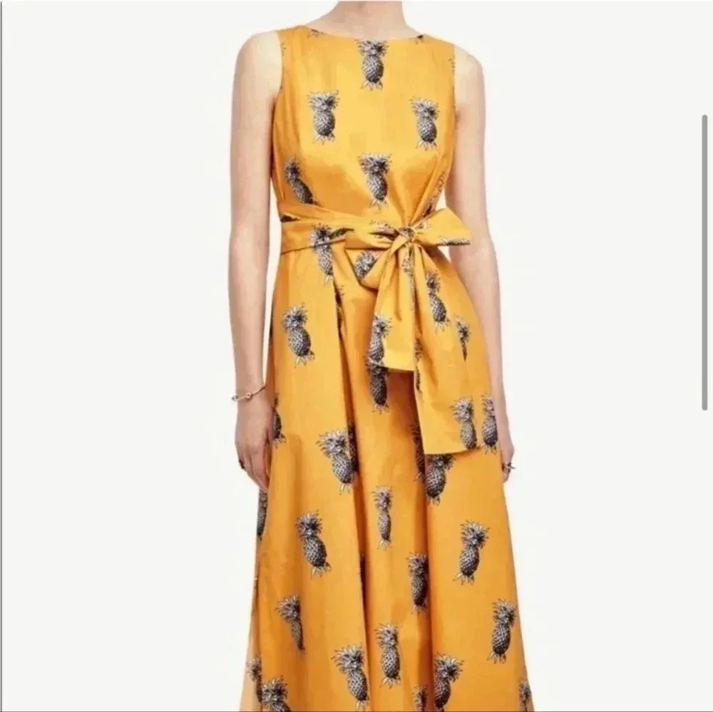 Ann Taylor Yellow Pineapple Print Fit and Flare Midi Dress - Picture 2 of 10